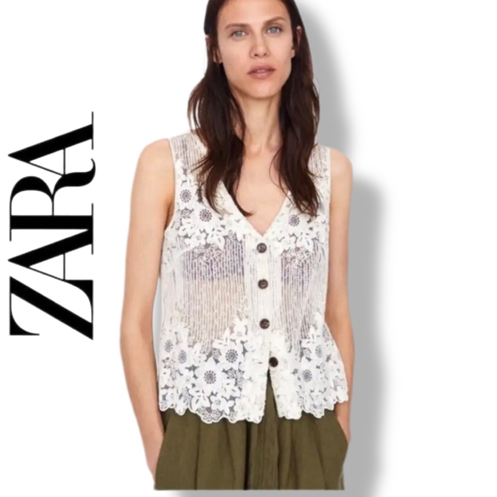 Zara White Floral Crochet Button Front Vest Top Size XS